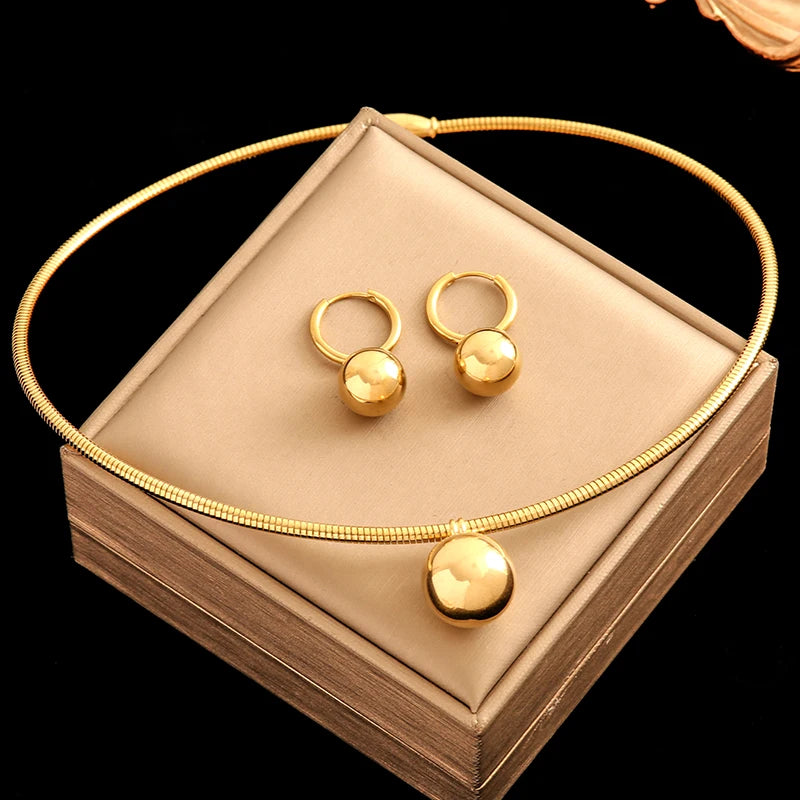 Stainless Steel 18K Gold Plated Bead Pendant Necklace Earrings Jewelry Set For Women