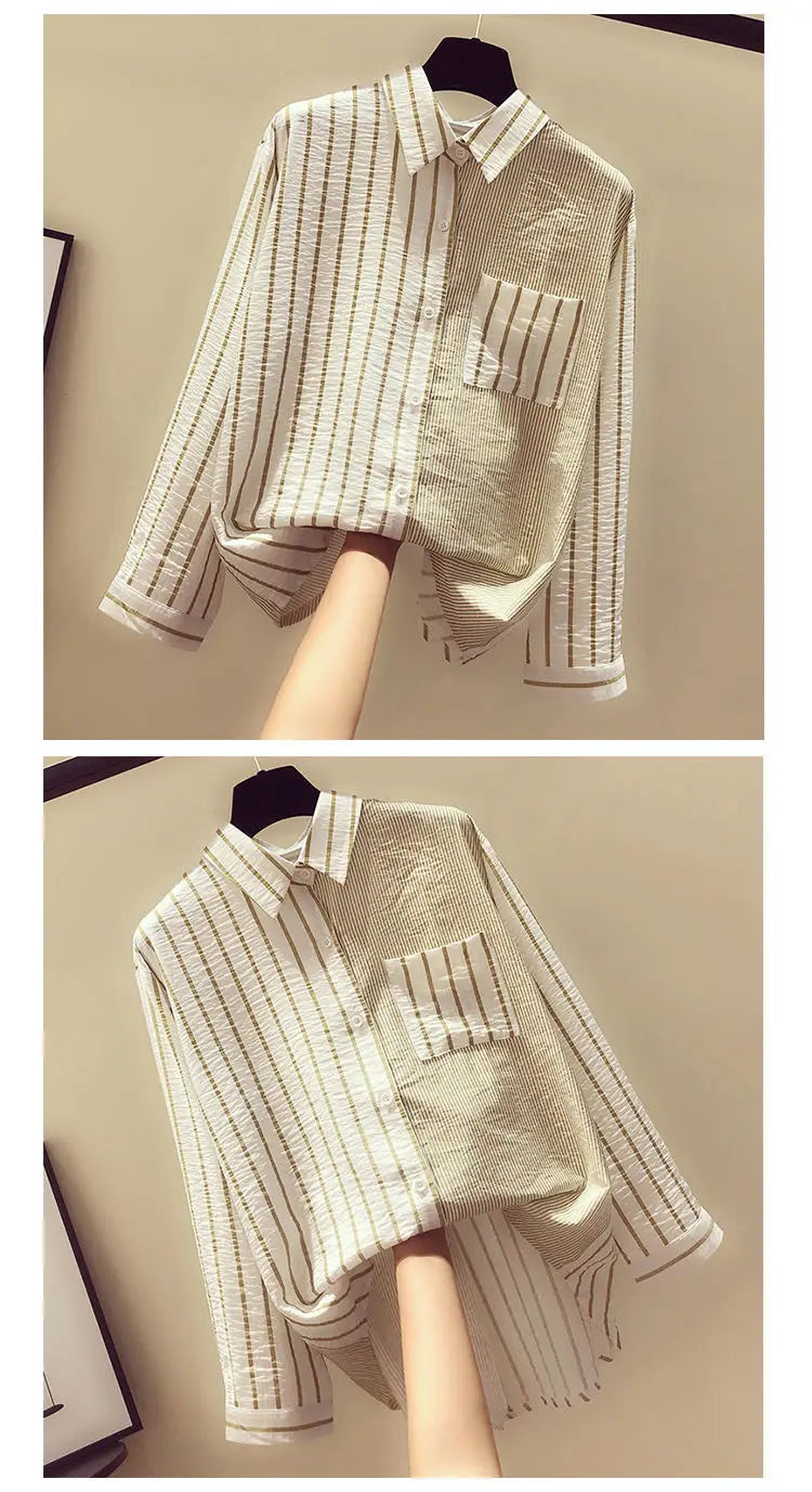 Korean Summer Trendy Women's Shirt Loose Casual Striped Patchwork Shirts Pocket Office Lady Sweet Women's Top