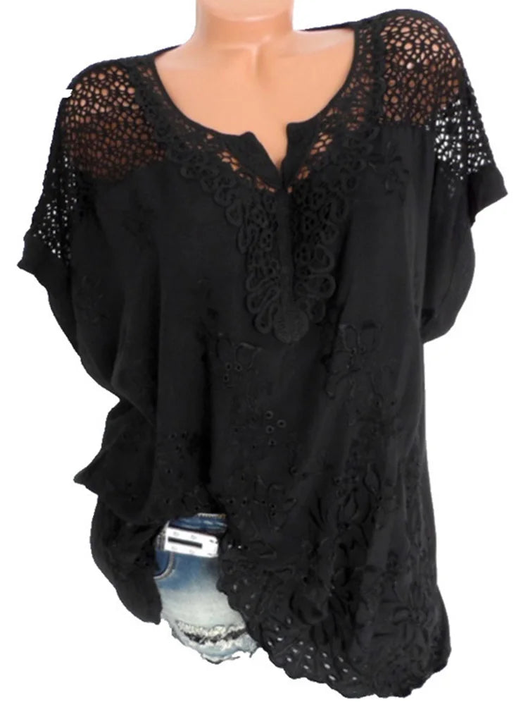Loose Short-Sleeved Lace Women Blouses Cotton Blouses Summer V-neck White Shirt