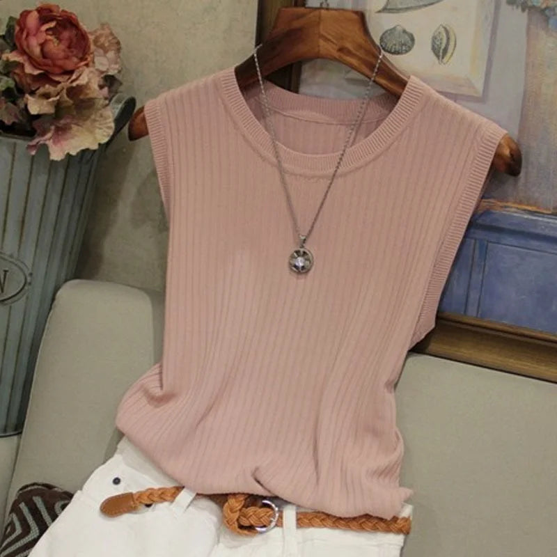 Summer Fashion Knitted Vests O-neck Sleeveless Casual Thin Tops Sleeveless Women Blouse
