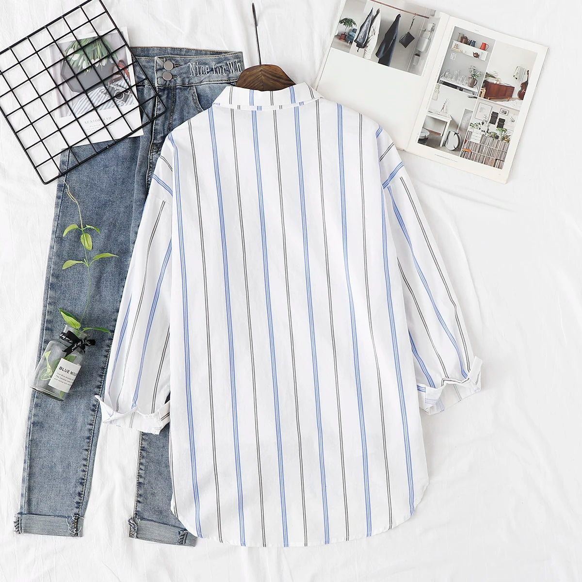 Loose Casual Striped Shirts New Ladies Sweet Simple Style Long Sleeve Print Female Blouse