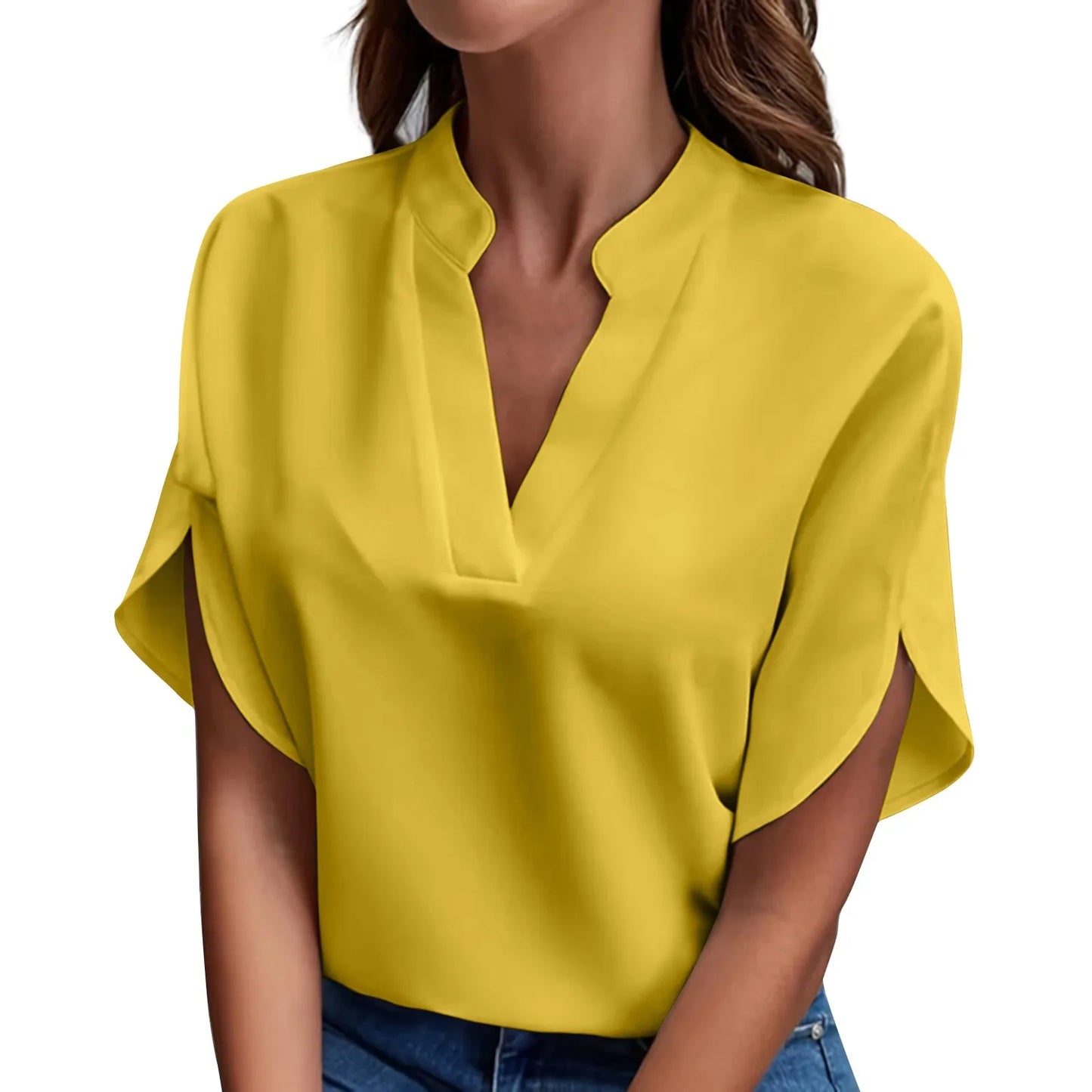 Summer Tops For Women Blouse Short Sleeve Solid V Neck Loose Shirts And Blouses Elegant Tops