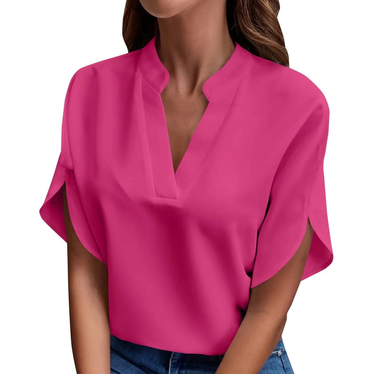 Summer Tops For Women Blouse Short Sleeve Solid V Neck Loose Shirts And Blouses Elegant Tops