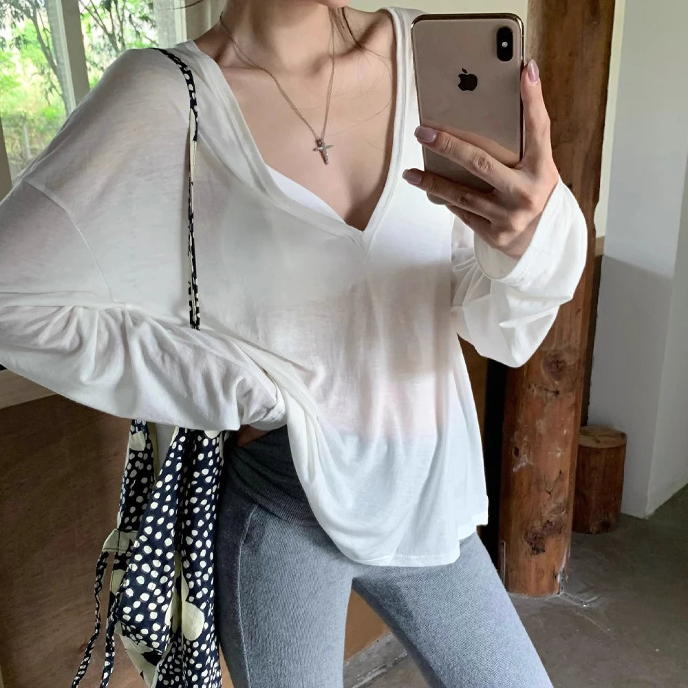 Women's V-Neck Long Sleeve T-Shirt Thin Perspective Summer Loose Fit Casual Top Korean Base Sun Protection Cover Up Top