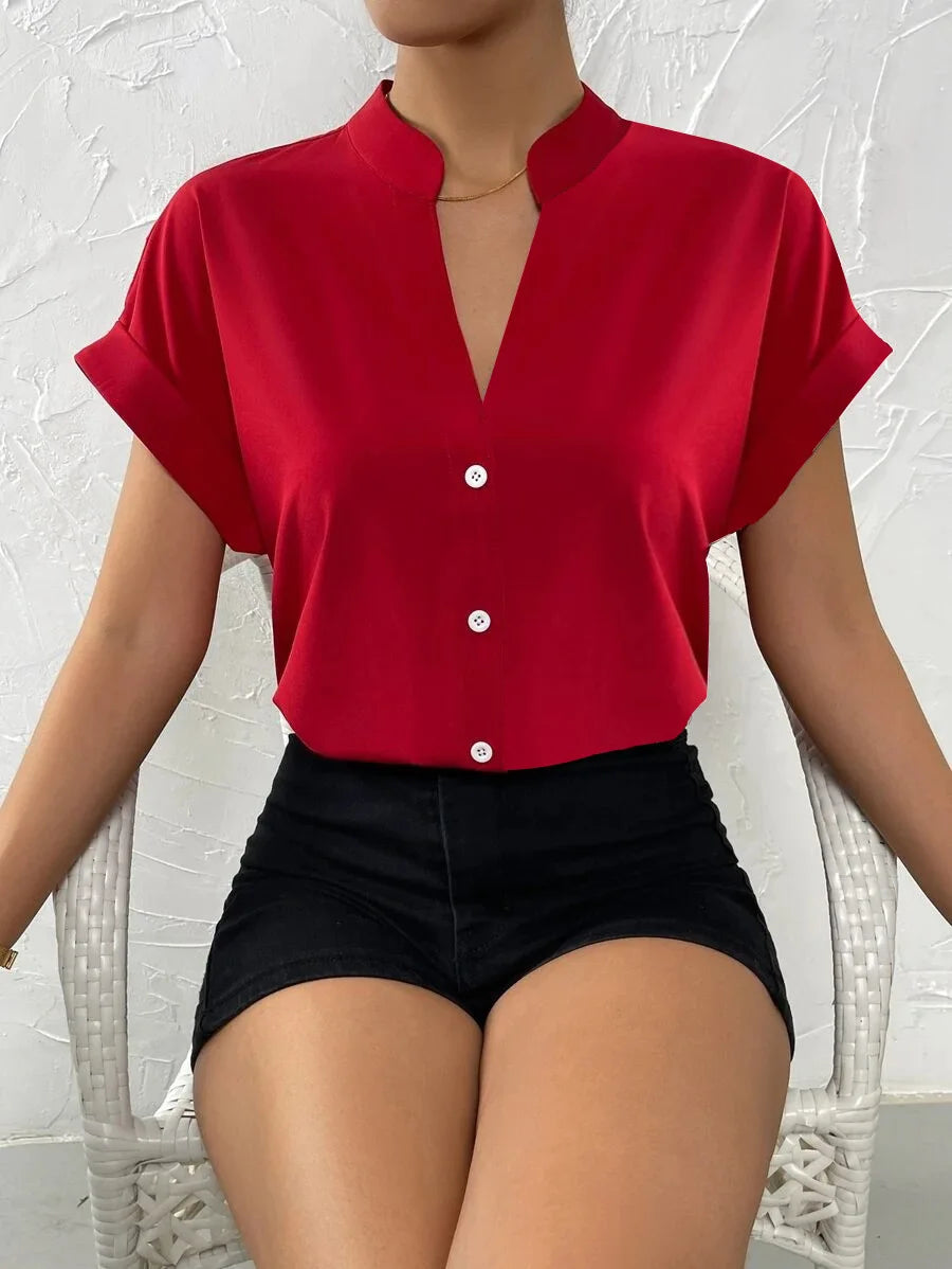 Women Solid Folds PU Leather Button Turn Down Collar Bodycon Working Blouse