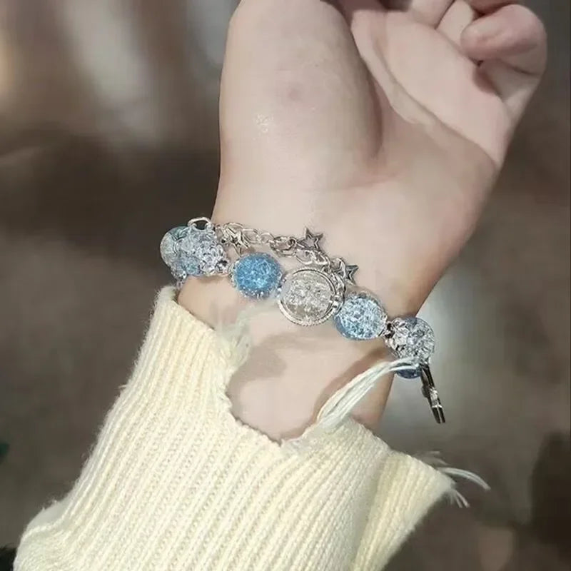 Niche Design Star Chain Tassel Bracelet for Women Fantasy Blue Crystal Beads Elastic Rope Bracelet