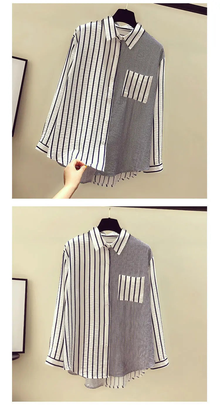 Korean Summer Trendy Women's Shirt Loose Casual Striped Patchwork Shirts Pocket Office Lady Sweet Women's Top