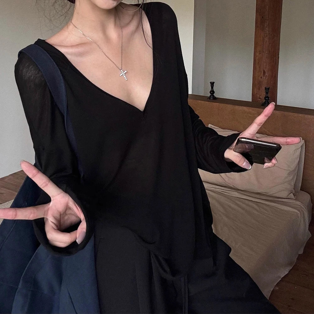 Women's V-Neck Long Sleeve T-Shirt Thin Perspective Summer Loose Fit Casual Top Korean Base Sun Protection Cover Up Top