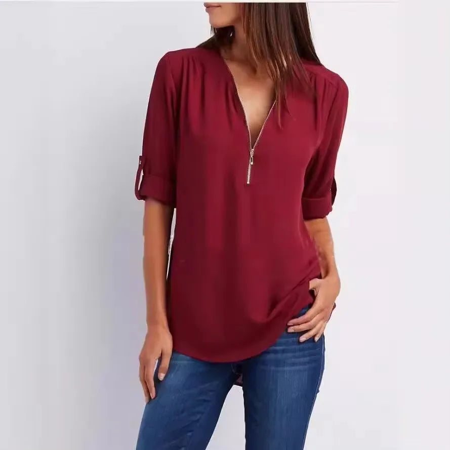 Women Cool Loose Shirt Deep V Neck Chiffon Fashion Zipper Pullover Blouse
