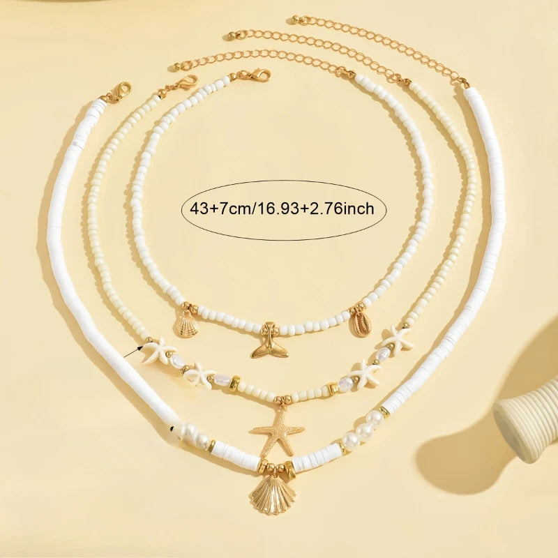 Starfish Imitation Shell Pendant Beaded Necklace Women Beach Vacation Accessories