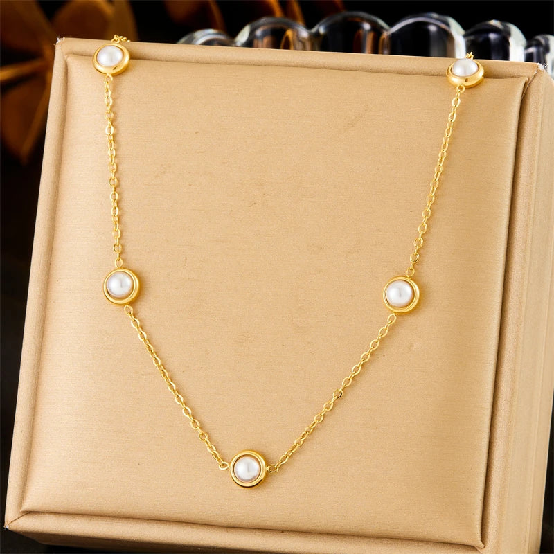 Women's Stainless Steel Round White Pearl Necklace Bracelet Earrings