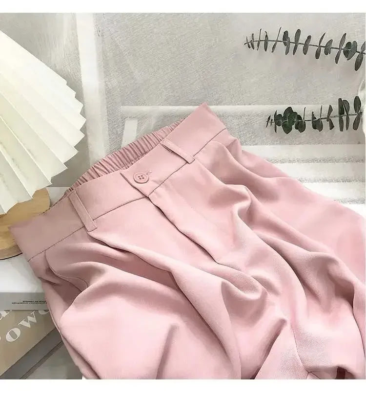Elastic High Waist Suit Women Pants, Casual Loose Straight Black Office Ladies Trouser