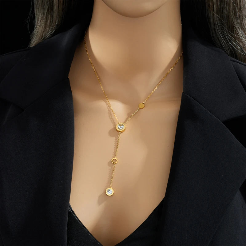 Stainless Steel Roman Numeral Dial Zircon Long Pendant Necklace For Women
