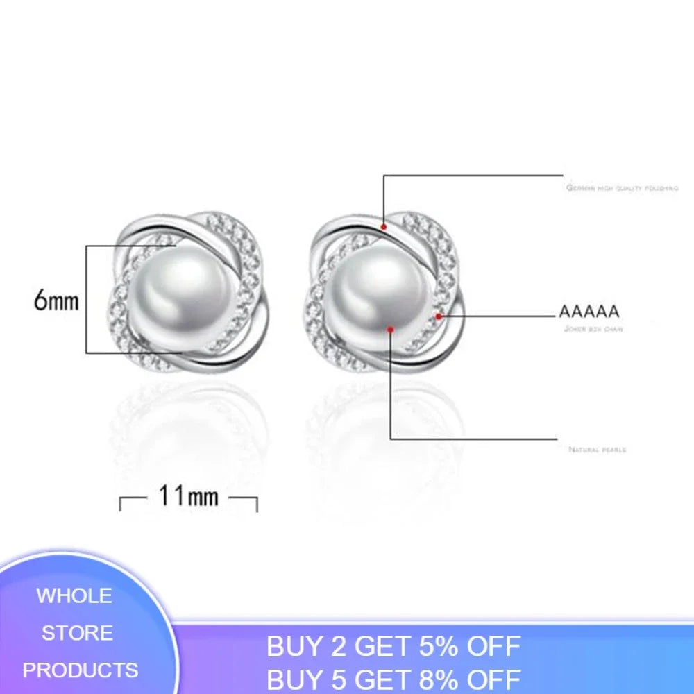 925 Sterling Silver Earrings Zircon Pearl Twist Luxury style Stud Earrings For Women