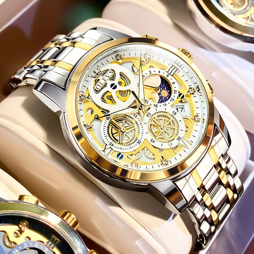 OLEVS Men's Waterproof Quartz Watch for Man Gold Skeleton Style 24 Hour Day Night Watch