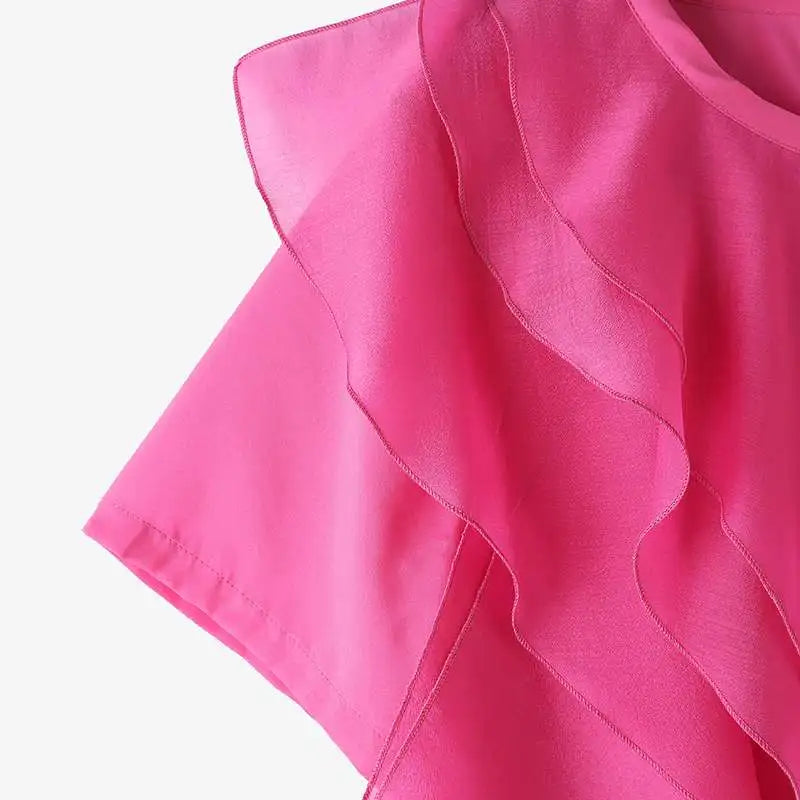 Women Ruffled Stitching Blouse Fashion Holiday O-neck Tops Summer Short Sleeve