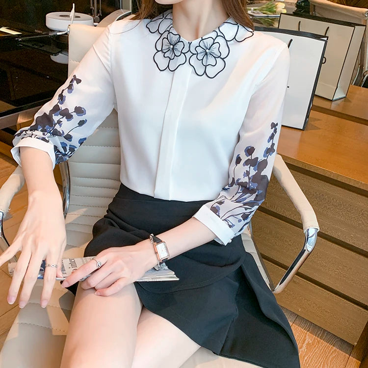 Professional Print Women Blouses Work Casual Top Chiffon Blouse Elegant Simple Loose Shirt