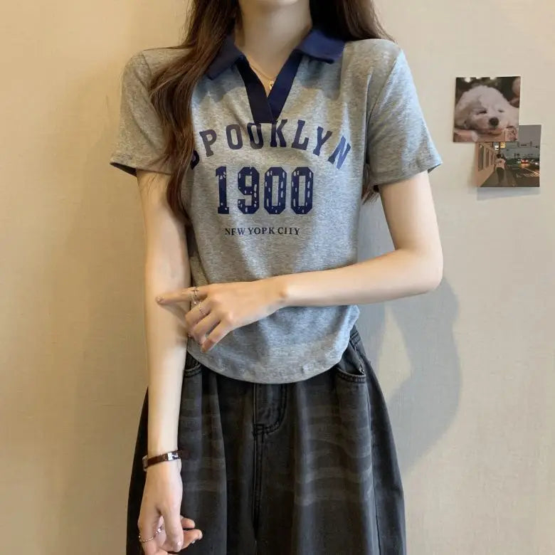 Women Summer Korean Fashion Letter Printing Slim Polo Collar Short Sleeve T-Shirt Simplicity Office Lady All-match Casual Tops
