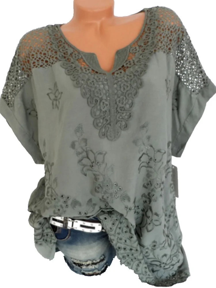 Loose Short-Sleeved Lace Women Blouses Cotton Blouses Summer V-neck White Shirt