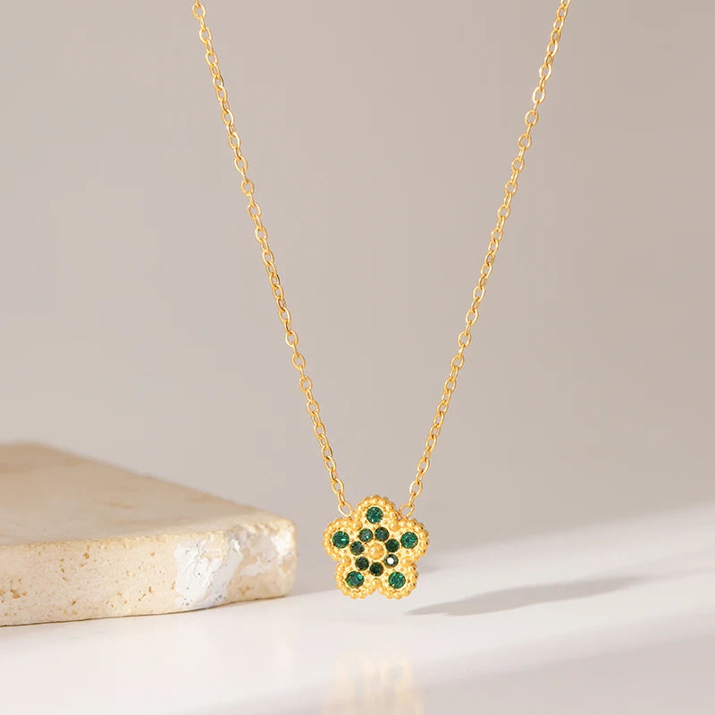 Pink Zircon Reversible Clover Necklace Bracelet Earrings Set For Women Trendy Stainless Steel Waterproof Jewelry