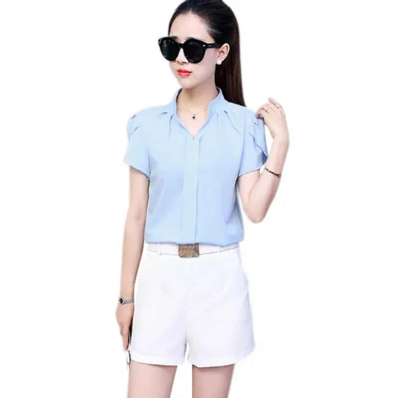 Women Office Ladies Chiffon White Shirt Short Sleeve elegant Tops Casual Clothing