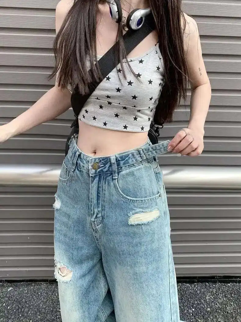 Vintage Pants, Jeans, Women's Torn Wide Leg Pants, Summer High Waist, Loose Fitting Long Pants, Women's Jeans