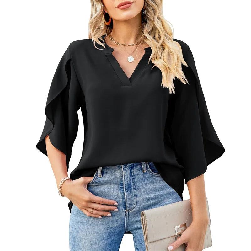 Women Summer Style Chiffon Blouses Shirts Lady Casual Short Flare Sleeve V-Neck Loose Blouse