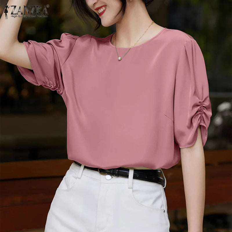 Solid Casual Office Work Tops Fashion Summer Short Sleeve Elegant Loose Blouse