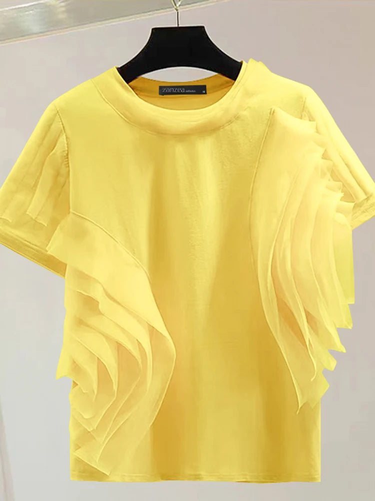 Women Ruffled Stitching Blouse Fashion Holiday O-neck Tops Summer Short Sleeve