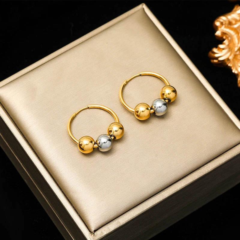 Stainless Steel 18K Gold Plated Bead Pendant Necklace Earrings Jewelry Set For Women