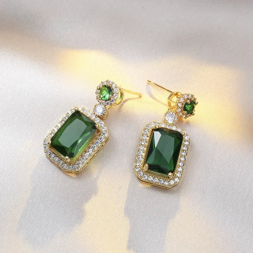 Luxury style Emerald Color Earring Necklace Rings Set For Woman Stainless Steel Zircon Rectangle Pendant Necklace