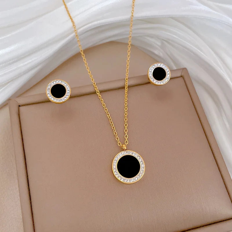 Stainless Steel Necklace Earring Set Black Temperament Drop Paint Circular Crystal Woman Clavicle Chain Ear studs