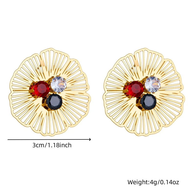 Stainless Steel Hollow Flower Inlaid With Zircon Necklace Earrings Ring For Women New Trend Non-fading Jewelry Set