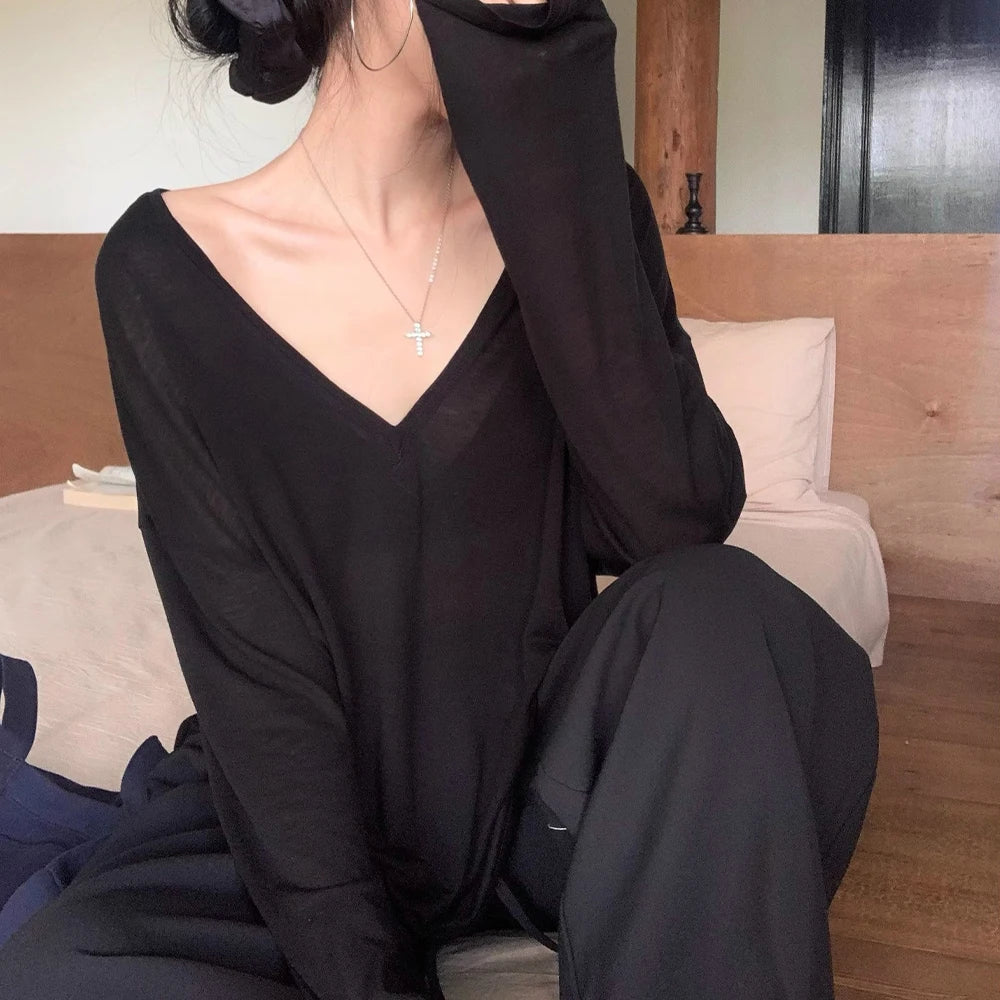 Women's V-Neck Long Sleeve T-Shirt Thin Perspective Summer Loose Fit Casual Top Korean Base Sun Protection Cover Up Top