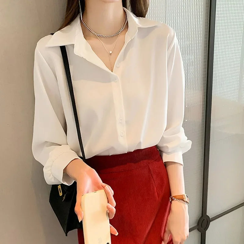 Korean Black Chiffon Shirts For Women Long Sleeve Shirts