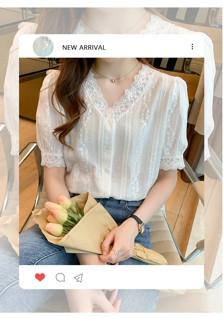 Summer Short Sleeve White Blouse Shirt Women Tops Blusas Verano Lace V-Neck Blouse Women Blouse