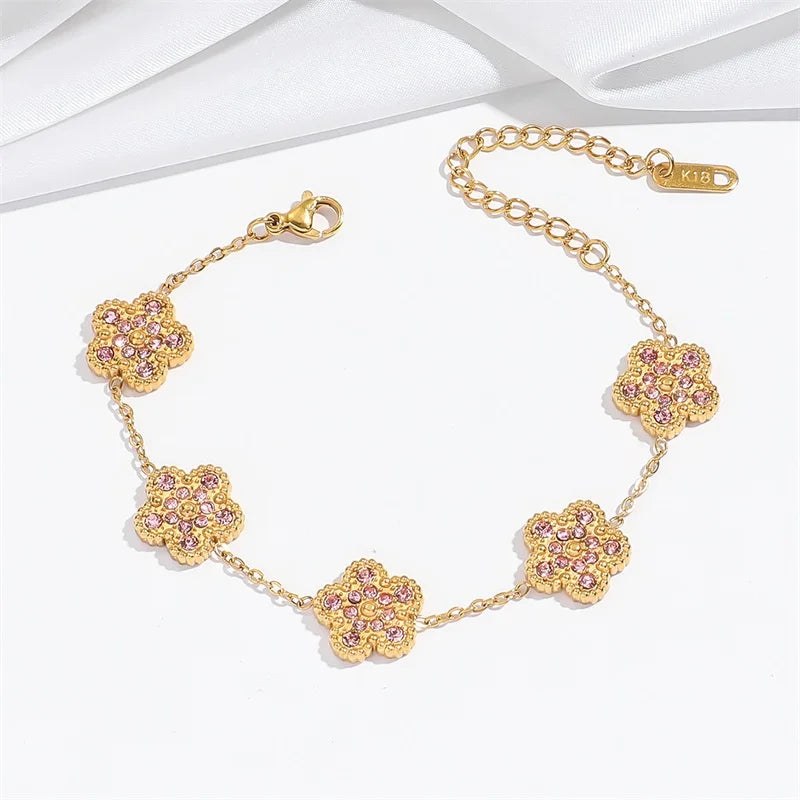 Pink Zircon Reversible Clover Necklace Bracelet Earrings Set For Women Trendy Stainless Steel Waterproof Jewelry