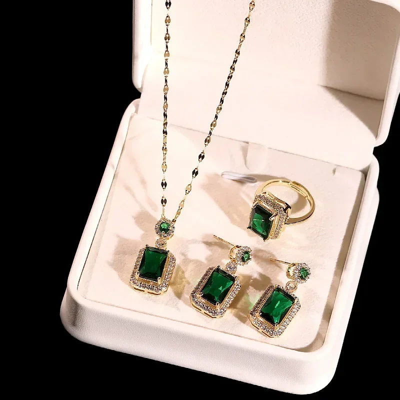 Luxury style Emerald Color Earring Necklace Rings Set For Woman Stainless Steel Zircon Rectangle Pendant Necklace