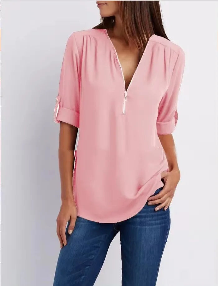 Women Cool Loose Shirt Deep V Neck Chiffon Fashion Zipper Pullover Blouse