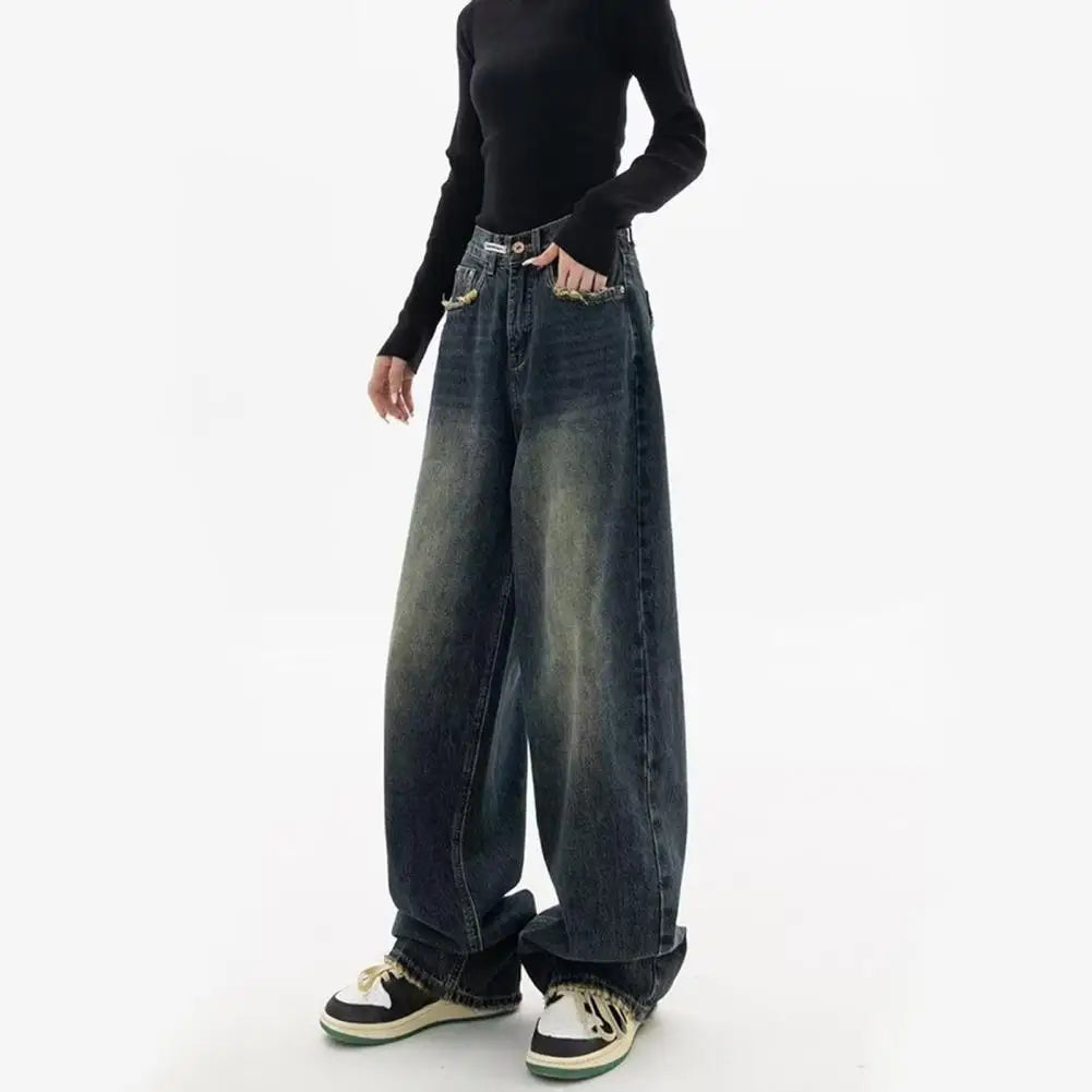 Wide Leg, Floor Length Loose Denim High Waist Vintage Hip Hop Streetwear Women Jeans