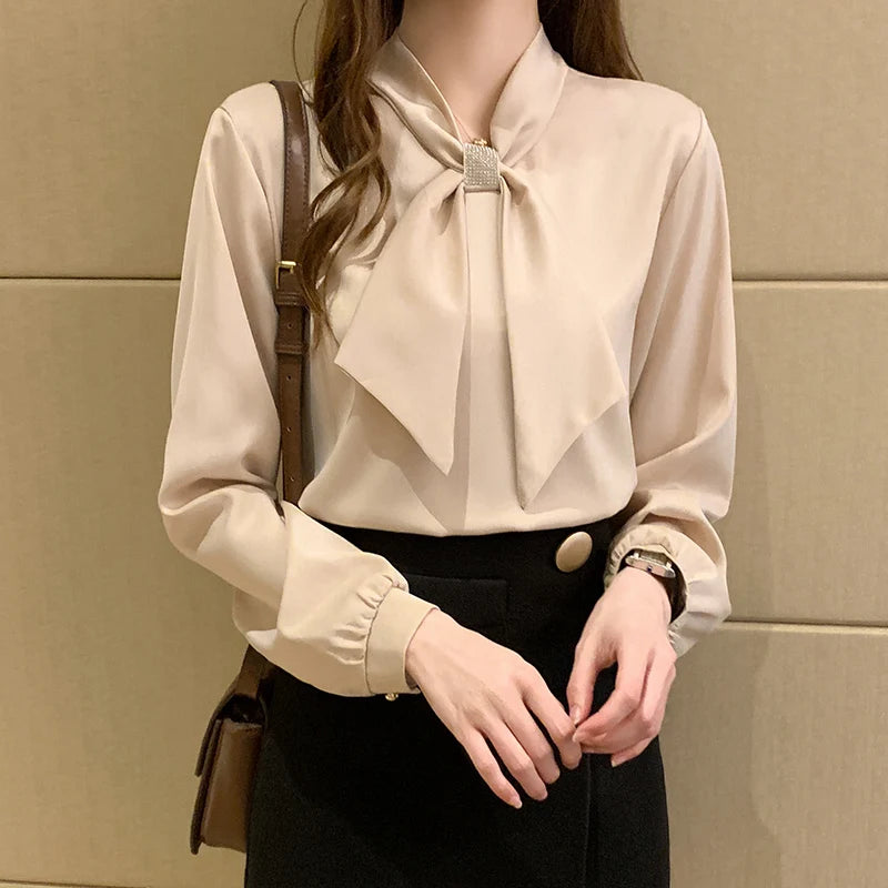Long Sleeve Blouse Women Bow Collar Chiffon Blouse Shirt Tops Women Blouse