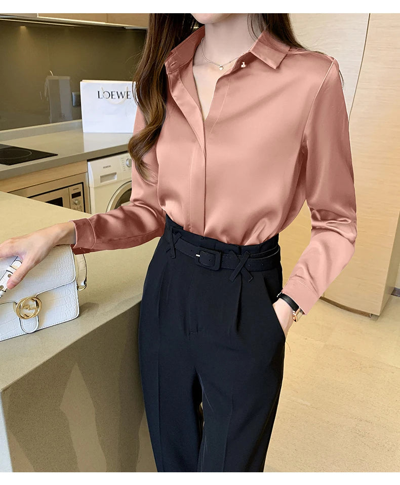 Satin Women Shirt Vintage Long Sleeve Blouse Women Silk Elegant Womens Tops