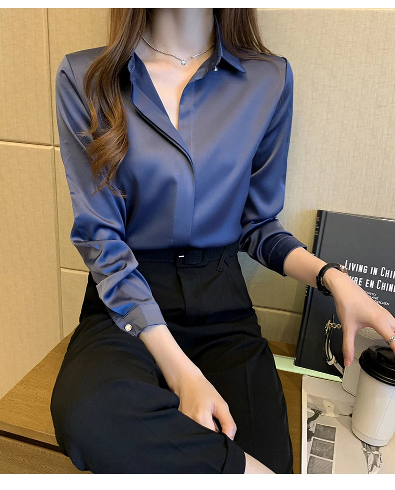 Satin Women Shirt Vintage Long Sleeve Blouse Women Silk Elegant Womens Tops