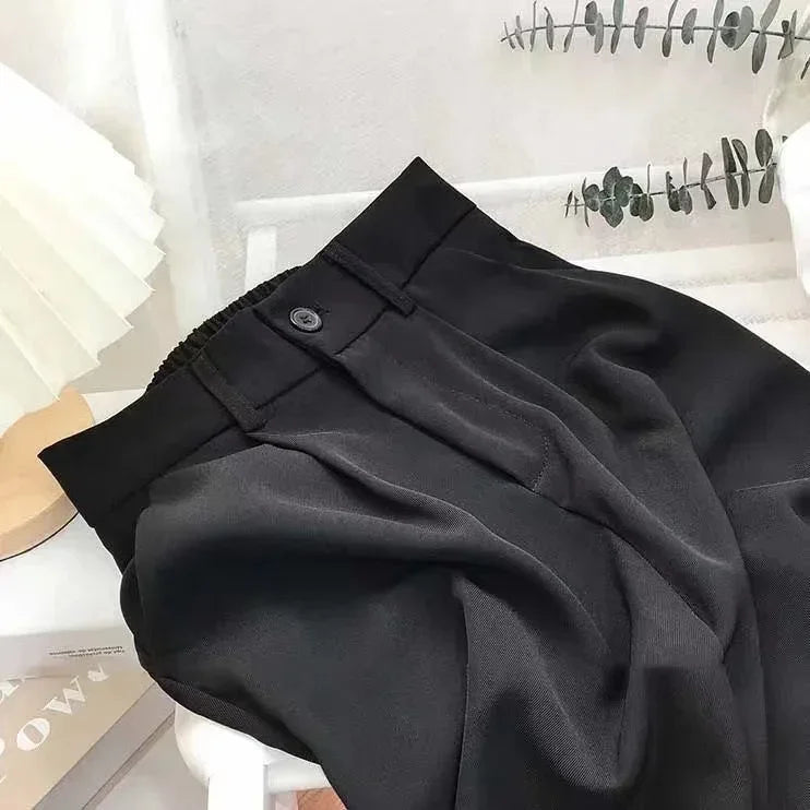 Elastic High Waist Suit Women Pants, Casual Loose Straight Black Office Ladies Trouser