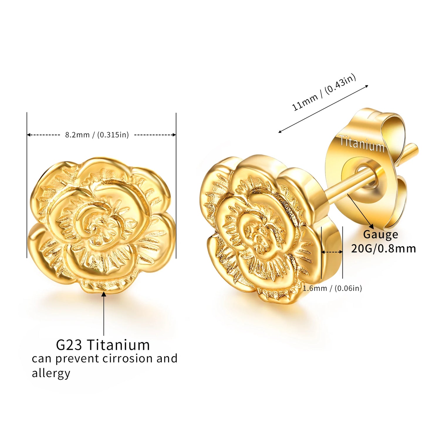 Rose Flower G23 Titanium Stud Earrings Hypoallergenic Post Pierced Tragus Cartilage Lobe Ear Stud Nickel Free for Women