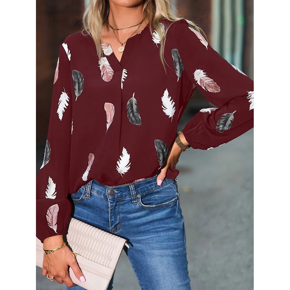 Fashion Woman long Sleeve Feather Pattern, Ladies Elegant Chiffon Tops