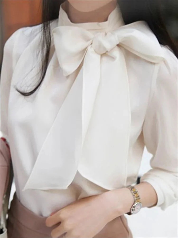 Women Chiffon Blouses Shirts Lady Casual Long Sleeve White Black Bow Tie Collar top