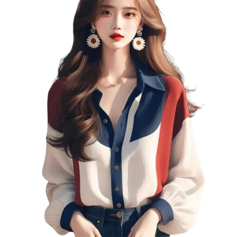 Korean Chiffon Vintage Women's Patchwork Loose Long Sleeves Fashion Top