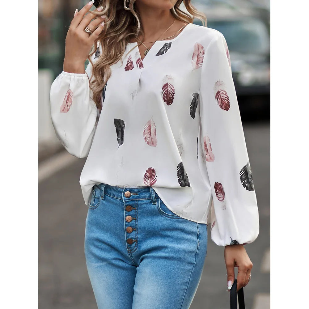 Fashion Woman long Sleeve Feather Pattern, Ladies Elegant Chiffon Tops