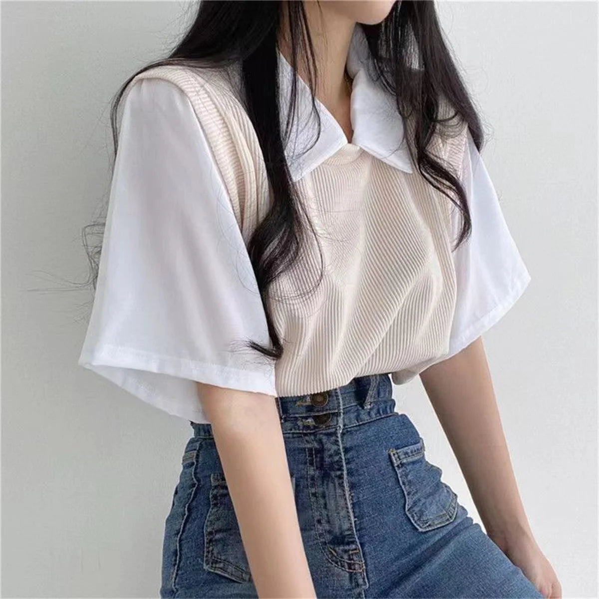 Summer Academy Style Color Blocking Polo Collar Top Short Sleeve T-shirt Women Lazy Loose Casual Versatile Blouse